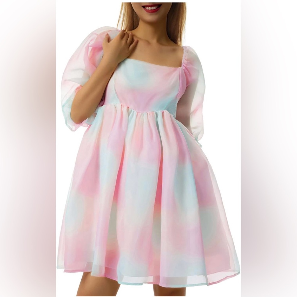 Puff Sleeve Tulle Princess Dress Square Neck Fairy Mini Dress
